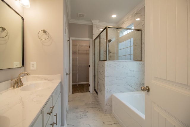 full bathroom featuring a spacious closet, marble finish floor, a stall shower, and ornamental molding