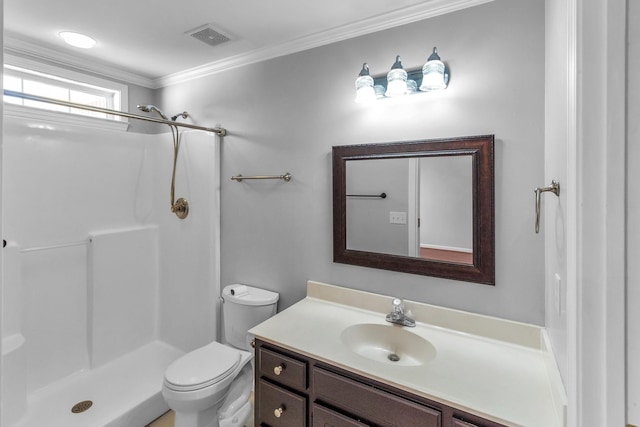 full bathroom with vanity, visible vents, walk in shower, and toilet