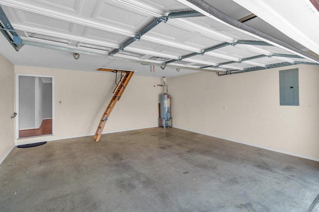garage featuring electric panel and water heater