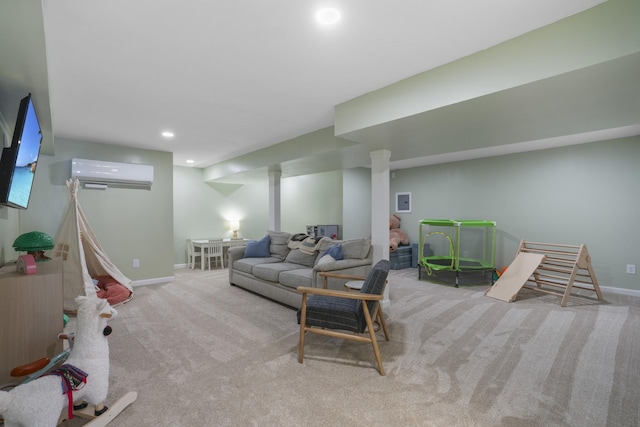 carpeted living room featuring recessed lighting, baseboards, and a wall mounted AC