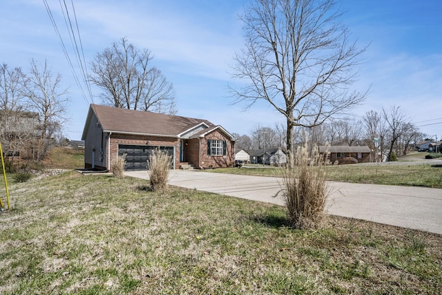 view of front of home with brick siding, an attached garage, concrete driveway, and a front lawn