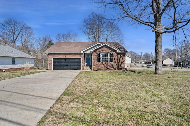 view of front facade featuring a front lawn, an attached garage, brick siding, and driveway