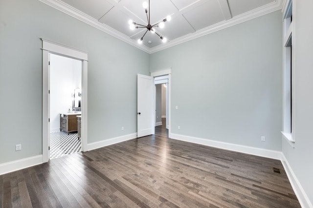 unfurnished bedroom featuring a chandelier, visible vents, dark wood finished floors, and baseboards