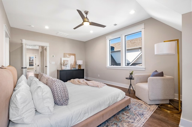 bedroom with visible vents, recessed lighting, baseboards, and wood finished floors