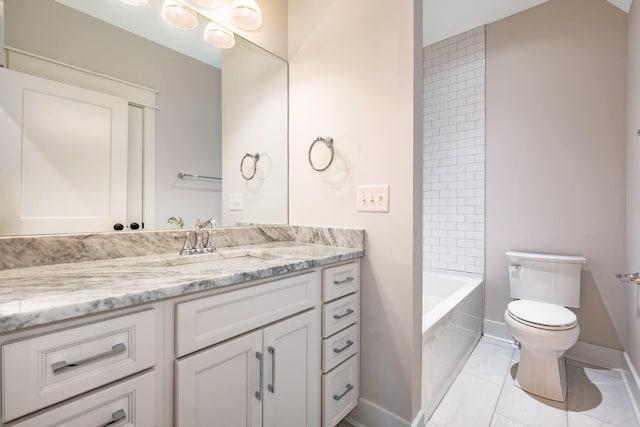 full bathroom featuring vanity, toilet, tub / shower combination, and baseboards