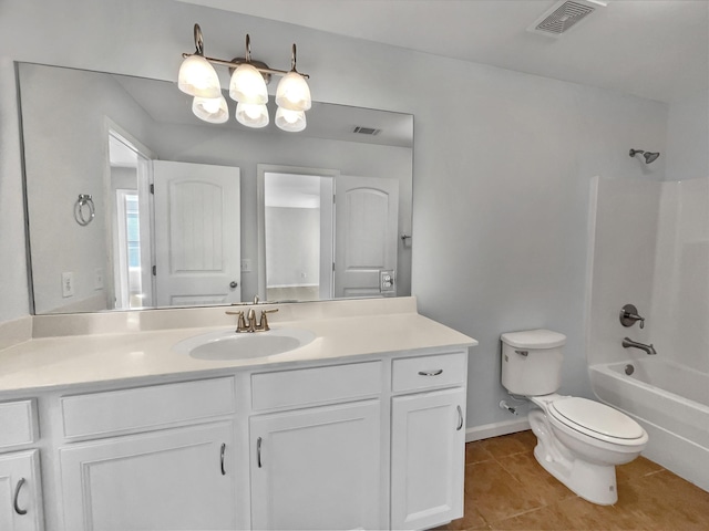 full bath with visible vents, toilet, vanity, and tile patterned flooring