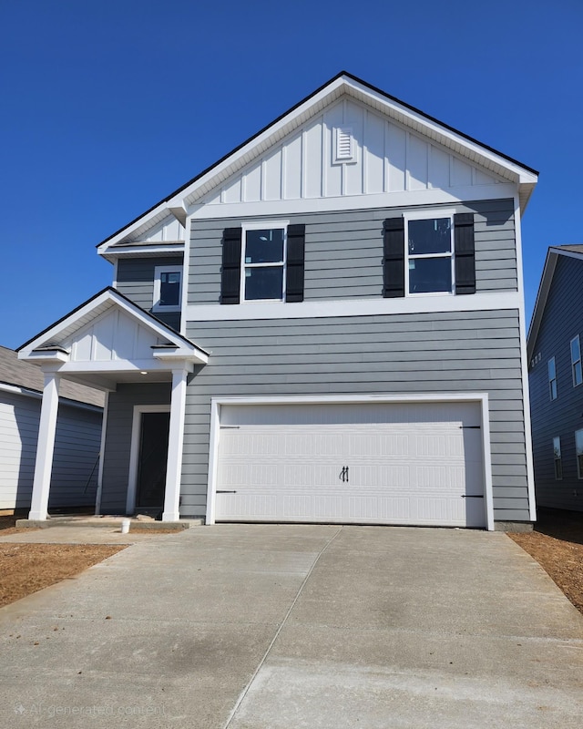 view of front facade featuring concrete driveway, an attached garage, and board and batten siding