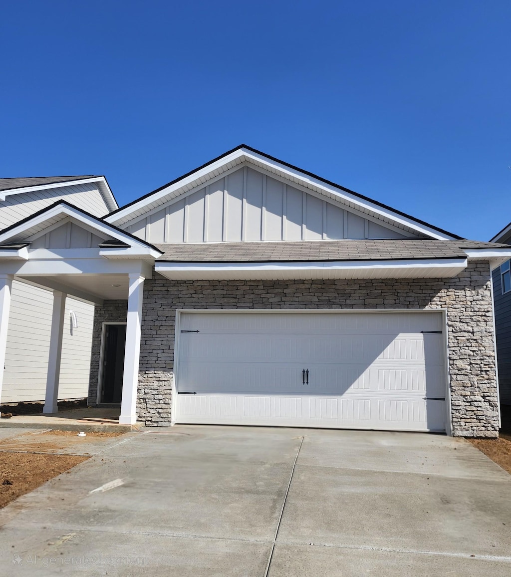 view of front of home featuring stone siding, an attached garage, board and batten siding, and driveway