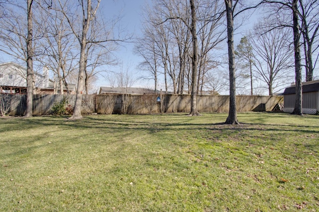 view of yard with an outdoor structure and a fenced backyard