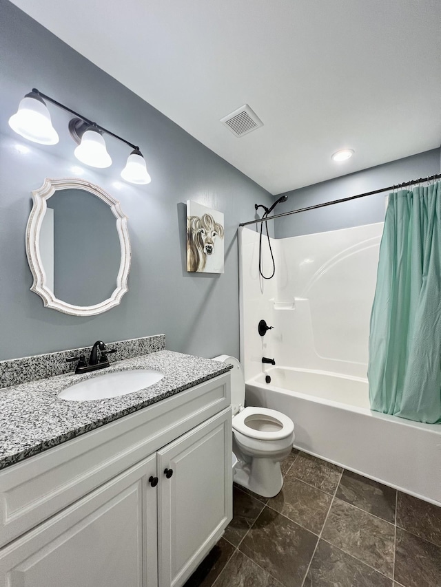 bathroom with vanity, toilet, shower / bathtub combination with curtain, and visible vents