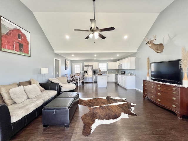 living room featuring recessed lighting, high vaulted ceiling, dark wood-type flooring, and a ceiling fan