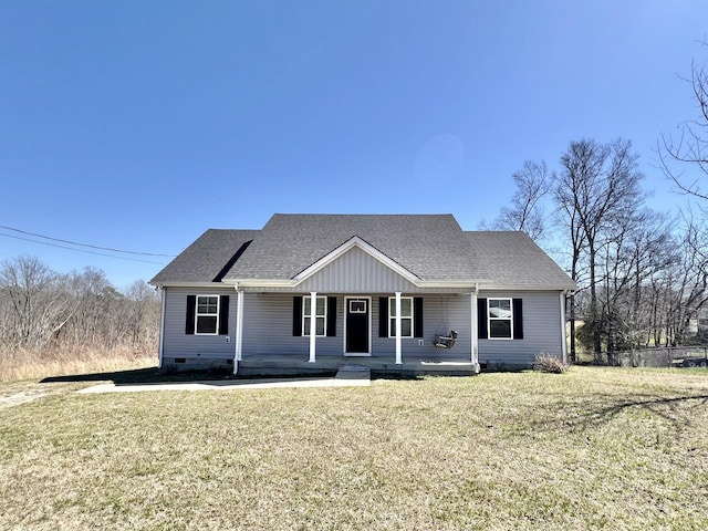 view of front of house featuring crawl space, a porch, a front lawn, and roof with shingles