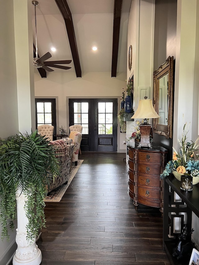 entrance foyer with recessed lighting, beamed ceiling, dark wood-type flooring, and a ceiling fan