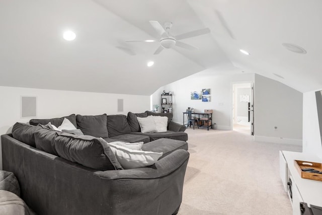 living area with baseboards, recessed lighting, ceiling fan, vaulted ceiling, and light carpet