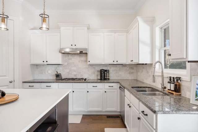 kitchen featuring hanging light fixtures, white cabinets, under cabinet range hood, and a sink