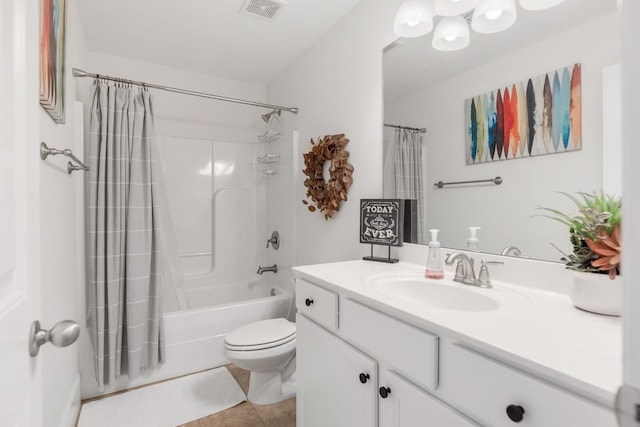 bathroom with tile patterned flooring, visible vents, toilet, shower / bath combo with shower curtain, and vanity