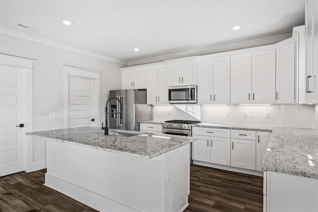 kitchen featuring a sink, stainless steel appliances, dark wood-type flooring, and ornamental molding