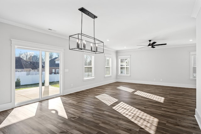 unfurnished dining area featuring baseboards, visible vents, dark wood finished floors, recessed lighting, and ornamental molding