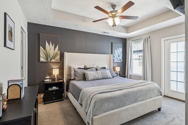 bedroom with a tray ceiling, carpet floors, and multiple windows