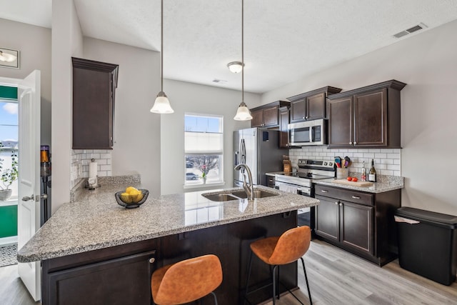 kitchen with light wood finished floors, a peninsula, a sink, dark brown cabinetry, and appliances with stainless steel finishes