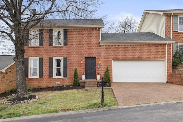 view of front of home with brick siding, concrete driveway, and a garage