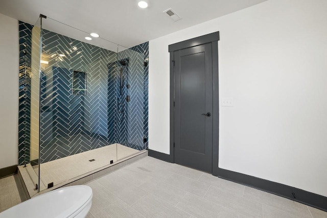 full bathroom with visible vents, a walk in shower, baseboards, recessed lighting, and a soaking tub