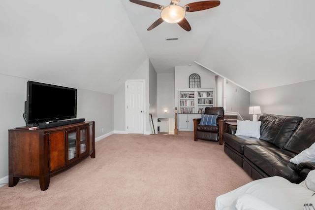 living room with visible vents, light carpet, lofted ceiling, a ceiling fan, and baseboards