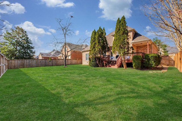 view of yard with a wooden deck and a fenced backyard