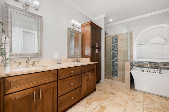 full bath featuring a sink, a soaking tub, a stall shower, and crown molding