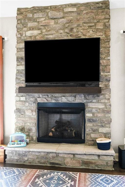 room details featuring a fireplace and wood finished floors