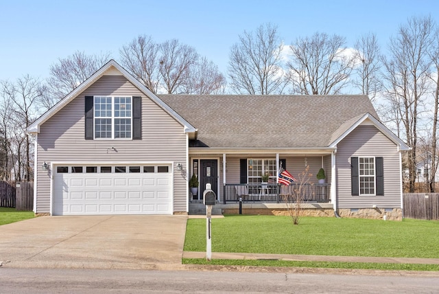 traditional-style home featuring a front lawn, fence, concrete driveway, covered porch, and crawl space