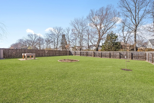 view of yard with a fenced backyard