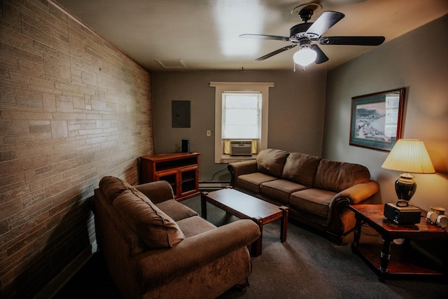 carpeted living room with brick wall, electric panel, cooling unit, a ceiling fan, and a baseboard radiator