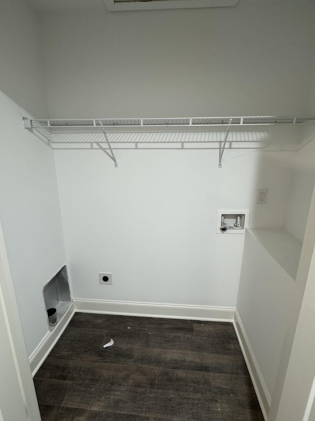 laundry room with dark wood-style floors, baseboards, hookup for an electric dryer, laundry area, and washer hookup