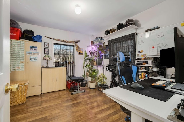 home office with wood finished floors