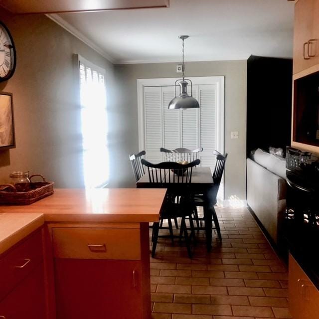 kitchen featuring hanging light fixtures, a peninsula, and ornamental molding