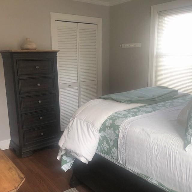 bedroom featuring a closet, baseboards, dark wood-type flooring, and ornamental molding