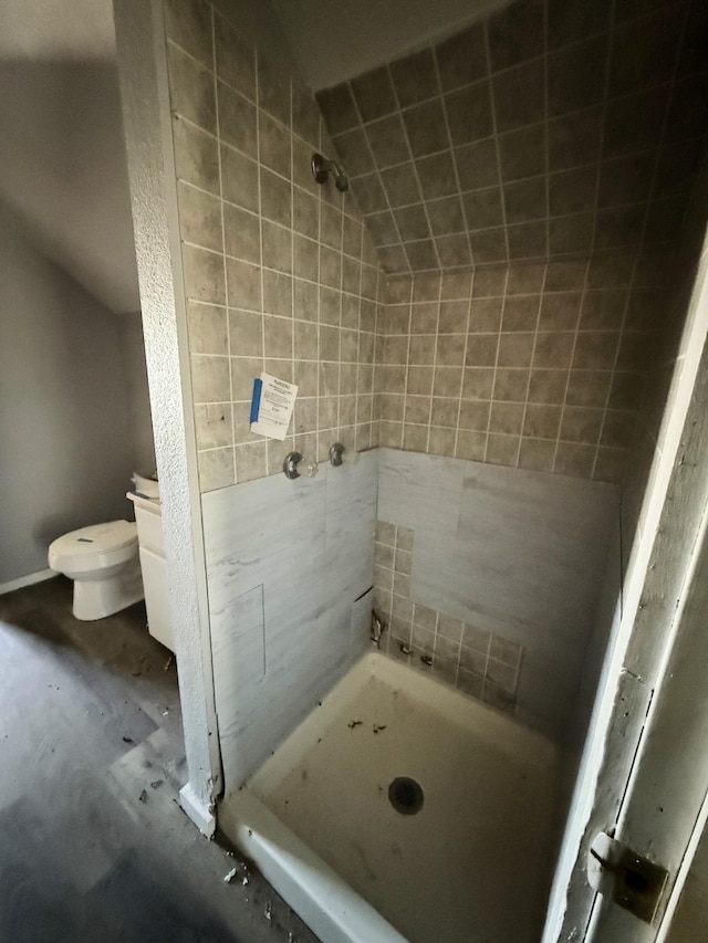 bathroom with lofted ceiling, toilet, and a stall shower