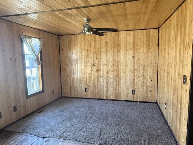 spare room with ceiling fan, wooden ceiling, and wood walls