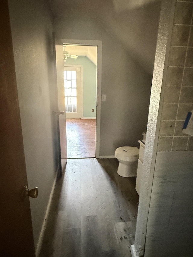 bathroom featuring toilet and lofted ceiling