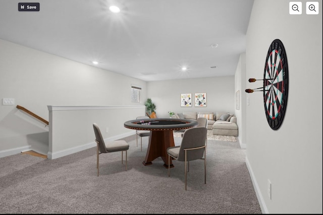 dining area featuring carpet, recessed lighting, and baseboards