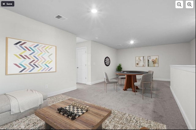 living area with visible vents, recessed lighting, baseboards, and carpet floors