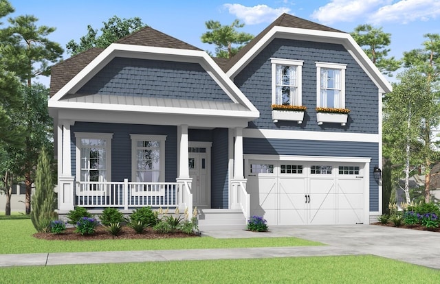 view of front of home featuring covered porch, concrete driveway, an attached garage, and a shingled roof