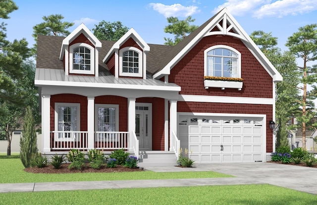 view of front facade with a shingled roof, concrete driveway, covered porch, a garage, and a standing seam roof