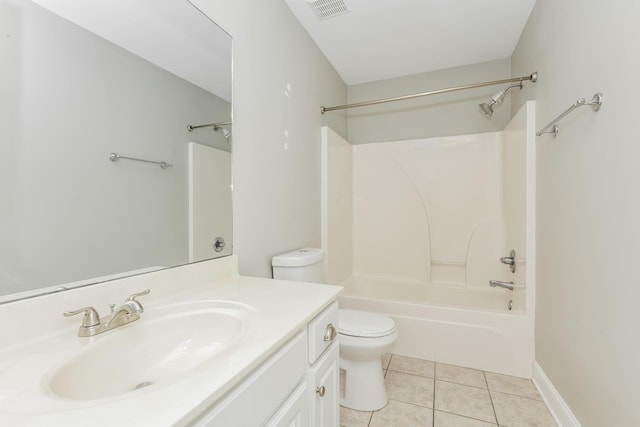 full bathroom with visible vents, toilet, tile patterned flooring, shower / bath combination, and vanity