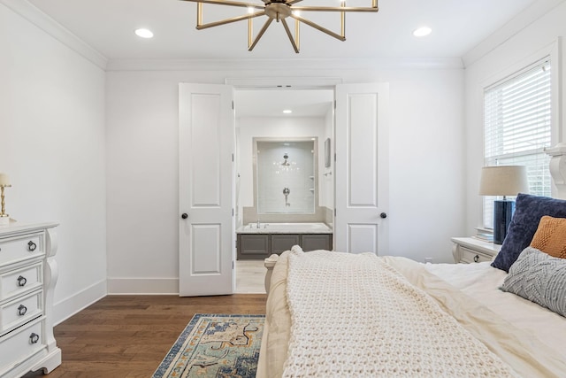 bedroom with dark wood finished floors, crown molding, recessed lighting, and baseboards