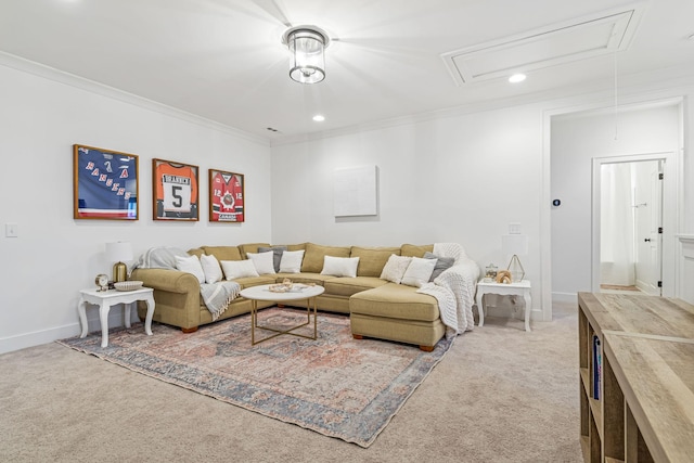 carpeted living room with recessed lighting, baseboards, attic access, and crown molding