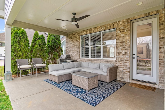 view of patio / terrace featuring an outdoor living space, grilling area, and ceiling fan