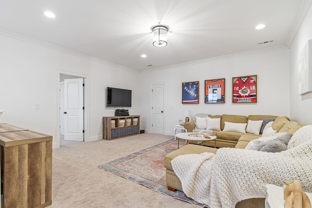 carpeted living room with recessed lighting, visible vents, baseboards, and crown molding