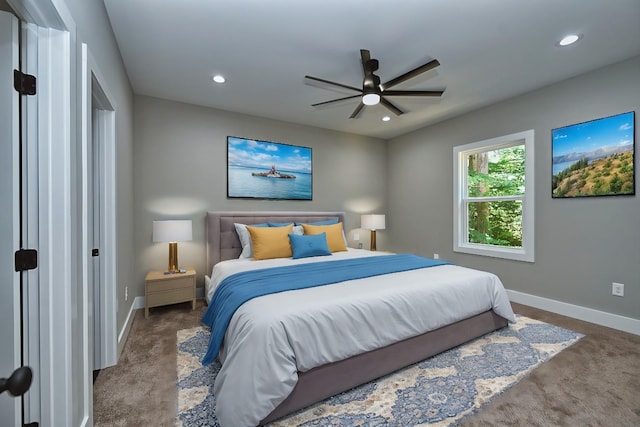 bedroom with carpet flooring, recessed lighting, and baseboards